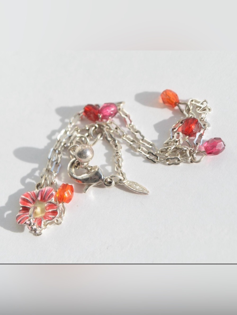 Vintage Avon Silver Tone Floral Charm Bracelet Red Crystal Beads